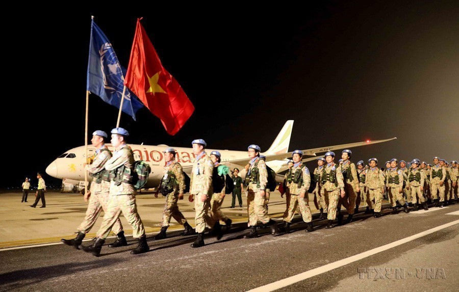 A welcome ceremony is held for Vietnam's Engineering Unit Rotation No. 1, marking their successful completion of the UN peacekeeping mission with the UN Interim Security Force for Abyei (UNISFA), August 15, 2023. (Photo: VNA)