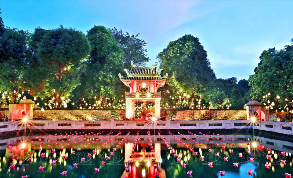 The Temple of Literature shines brightly at night. (Photo: VNA)