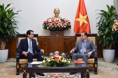 Acting Minister of Foreign Affairs Le Hoai Trung (R) and Chinese Ambassador to Vietnam He Wei at their meeting in Hanoi on September 11. (Photo: VNA)
