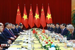 Prime Minister Pham Minh Chinh (third, right) meets with Party General Secretary and President of China Xi Jinping on April 14 (Photo: VNA)
