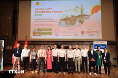 Secretary General of the Swiss-Viet Economic Forum (SVEF) Rachel Isenschmid (in pink) and members of the forum (Photo: VNA)