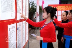 Voters from the Muong ethnic minority group carefully study candidates' profiles before casting their ballots. (Photo: VNA)