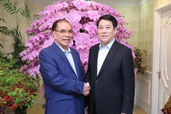 State President Luong Cuong (R) and former Party General Secretary Nong Duc Manh in Hanoi on February 2. (Photo: VNA)