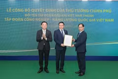 Authorised by the Prime Minister, Deputy Prime Minister Bui Thanh Son (right) hands over the decision to rename the Vietnam Oil and Gas Group on April 9. (Photo: VietnamPlus)