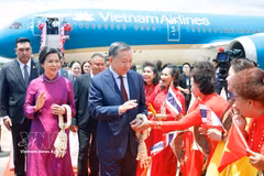 Officials from the Vietnamese Embassy and Consulate General, together with members of the Vietnamese community in Thailand, welcome Party General Secretary and State President To Lam and his spouse upon their arrival at Udon Thani International Airport in May 2026. (Photo: VNA)