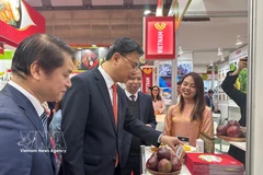Vietnamese Ambassador to Japan Pham Quang Hieu visits a booth showcasing Vietnamese fruits at the Foodex Japan exhibition in Tokyo. Photo: VNA)