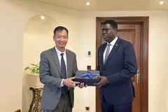 Vietnamese Ambassador to Egypt and South Sudan Nguyen Nam Duong (L) presents gift to South Sudanese Minister of Foreign Affairs and International Cooperation Monday Semaya Kumba (Photo: VNA)