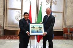Deputy Prime Minister Nguyen Chi Dung presents a commemorative gift to Italian Minister of Enterprises and Made in Italy Adolfo Urso. (Photo: VNA)