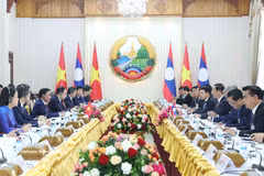 The meeting between Politburo member and Permanent member of the Communist Party of Vietnam Central Committee’s Secretariat Tran Cam Tu and Lao Prime Minister Sonexay Siphandone in Vientiane on April 9 (Photo: VNA)