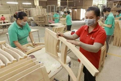 Workers make wooden furniture for export to the US, UK and EU markets at the factory of the Thiet Dan Two-Member Company Limited. (Photo: VNA)