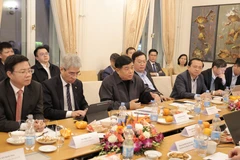 Deputy Prime Minister Nguyen Chi Dung (third, left) speaks at the working session with staff of the Vietnamese Embassy, members of the Vietnam–Germany Innovation Network (VGI), and Vietnamese experts, intellectuals and entrepreneurs in Germany and across Europe (Photo: VNA)