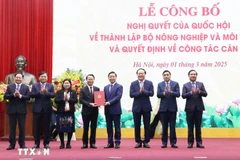 Deputy Prime Minister Tran Hong Ha presents the decision stipulating the functions, tasks, power, and organisational structure of the Ministry of Agriculture and Environment. (Photo: VNA)