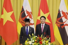State President Luong Cuong (right) and Brunei Darussalam’s Sultan Haji Hassanal Bolkiah pose for a photo ahead of their talks. (Photo: VNA)