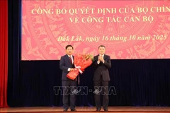 Head of the Party Central Committee's Organisation Commission Le Minh Hung (right) presents the Politburo’s decision to Luong Nguyen Minh Triet (Photo: VNA)