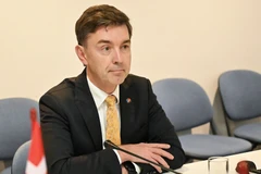 Ambassador Julien Guerrier talks to the press ahead of an official visit to Vietnam by European Council President Antonio Costa (Photo: VietnamPlus)