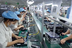 Workers assemble mobile phone components at Diem Thuy Industrial Park in the northern province of Thai Nguyen. (Photo: VNA)
