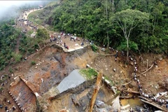 An aerial drone photo shows a bridge damaged by floods in Bener Meriah regency, Aceh, Indonesia, (Photo: Xinhua)