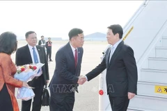 Vietnamese Ambassador to the RoK Vu Ho welcomes State President Luong Cuong (R) at the Gimhae Air Base in Busan. (Photo: VNA)