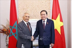 NA Chairman Tran Thanh Man (L) receives Mustapha El Ktiri, President of the Morocco–Vietnam Friendship Association (MVFA), in Rabat on the morning of July 26 (local time) (Photo: VNA)