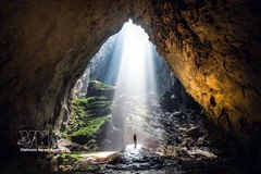 Sunlight streams into the Dinosaur Eye while visitors join the Son Doong adventure tour (Photo: Published by VNA)