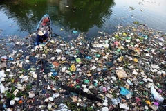 A worker collects plastic waste at the Hy Vong Canal in Ho Chi Minh City. (Photo: VNA )