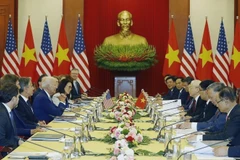 The high-level talks between Party General Secretary Nguyen Phu Trong (fourth, right) and US President Joe Biden (fourth, left) in Hanoi on September 10, 2023 brought about many good outcomes, reflected by the issuance of a joint statement on elevating Vietnam-US relations to a Comprehensive Strategic Partnership for Peace, Cooperation, and Sustainable Development. (Photo: VNA)