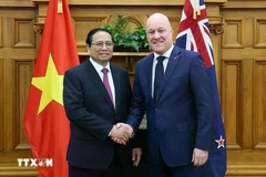 Prime Minister Pham Minh Chinh (L) shakes hands with New Zealand Prime Minister Christopher Luxon. (Photo: VietnamPlus)