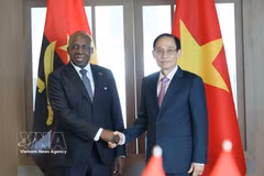 Minister of Foreign Affairs Le Hoai Trung (R) welcomes visiting Angolan Minister of External Relations Téte António in Hanoi on June 4 (Photo: VNA)