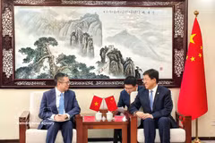 Vietnamese Ambassador to China Pham Thanh Binh (left) and First Secretary of the Communist Youth League of China (CYLC) Central Committee A Dong at their meeting in Beijing on April 12 (Photo: VNA)