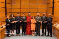 Ambassadors and Chargé d'affaires from eight ASEAN member countries and Monica Juma, Executive Director of the United Nations Office on Drugs and Crime (UNODC) pose for a group photo (Photo: VNA)