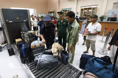 Customs officers use sniffer dogs to inspect the luggage of passengers entering Vietnam through the Nam Can International Border Gate in Nghe An province. (Photo: VNA)