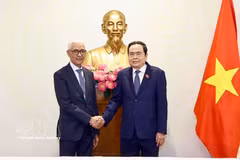 National Assembly Chairman Tran Thanh Man (R) receives Rachid Talbi El Alami, Speaker of the House of Representatives of Morocco, in Vietnam on January 21, 2025. (Photo: VNA)