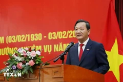 Vietnamese Ambassador to Laos Nguyen Minh Tam speaks at the ceremony to mark the 95th founding anniversary of the Communist Party of Vietnam. (Photo: VNA)