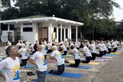 People join a mass yoga performance at the Vietnam Museum of Ethnology in Hanoi on June 14 as part of activities marking the International Day of Yoga (June 21). (Photo: VNA)