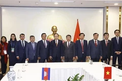 National Assembly Chairman Tran Thanh Man (middle), First Vice President of the Cambodian Senate Ouch Borith (fifth, left), and delegates at the meeting (Photo: VNA)