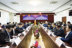 An overview of the talks between the delegations of the Ho Chi Minh National Academy of Politics and the Lao National Academy of Politics and Public Administration on August 4. (Photo: VNA)