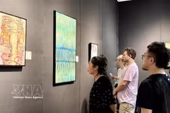 Visitors admire the paintings of Vietnamese-origin painter Van Guillemin (Photo: VNA)