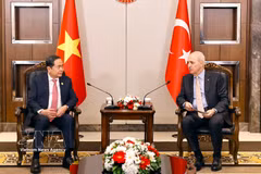 Chairman of the Vietnamese National Assembly Chairman Tran Thanh Man (left) meets with Speaker of the Grand National Assembly of Türkiye Numan Kurtulmus in Istanbul on April 17. (Photo: VNA)