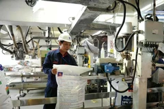A worker operates modern automated lines to package nitrogen fertiliser. (Photo: VNA)