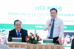 Vu Thanh Luu, Vice President of the Vietnam Red Cross Society (sitting), and Tran Si Pha, head of the VRCS Central Committee's social work and disaster management section, co-chair the conference. (Photo: VNA)