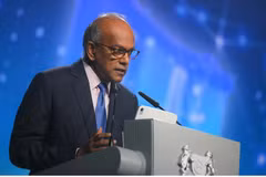 Singapore's Coordinating Minister for National Security and Home Affairs Minister K. Shanmugam speaks at the Milipol TechX Summit on April 28 (Photo: The Straits Times) 