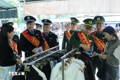 Vietnamese, Chinese border guards disseminate laws in Lang Son's Tan Thanh market (Photo: VNA)