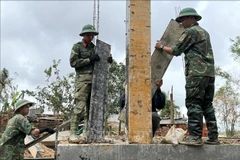 Soldiers of Division 315, Military Region 5, rebuild houses for families whose homes were destroyed, collapsed, or swept away by storms and floods in November. (Photo: VNA)