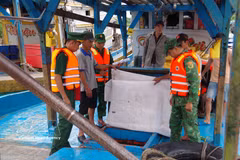 Border Guard officers in Dong Thap inspect and verify fishing vessels before they depart from port. (Photo: VNA)