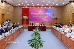 Nguyen Thanh Nghi, Politburo member, Secretary of the Party Central Committee and Chairman of the its Commission for Policies and Strategies, speaks at the working session. (Photo: VNA)