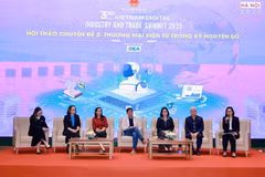 Speakers at the thematic session titled “E-commerce in the Digital Era”, held in Hanoi on December 3 as part of the Vietnam Digital Industrial and Trade Summit 2025. (Photo: VNA)