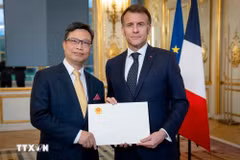 Vietnamese Ambassador to France Trinh Duc Hai (L) presents his credentials to French President Emmanuel Macron in March 2026. (Photo published by VNA)