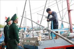 Border guards in Phu Yen province disseminate anti-IUU fishing information to a fisherman at the Dong Tac fishery port in Tuy Hoa city. (Photo: VNA)