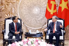 General Secretary of the Communist Party of Vietnam (CPV) Central Committee and State President To Lam (right) receives Lao Deputy Prime Minister and Minister of Justice Khamphan Phommathat. (Photo: VNA)