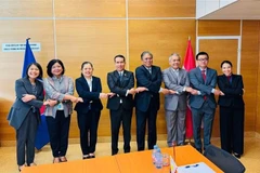 Vietnamese Ambassador Le Thai Hoa (second from right) poses for a photo with representatives from the eight ASEAN member states with diplomatic missions in Vienna. (Photo published by VNA)